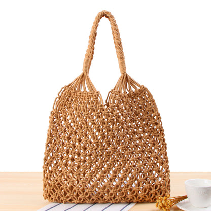 Solid Color One Shoulder Woven Bag Trendy Women Mori Straw Bag Degrees Handmade Cotton String Net Pocket Beach Bag - Wanita Store