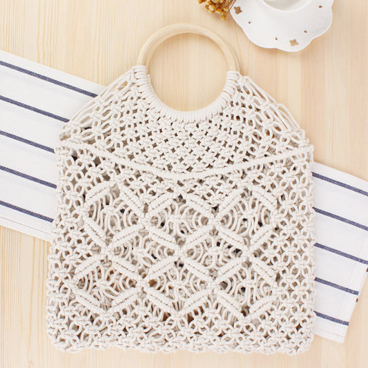 Solid Color Woven Tote Trendy Women Mori Straw Bag Degrees Handmade Cotton String Net Pocket Beach Bag