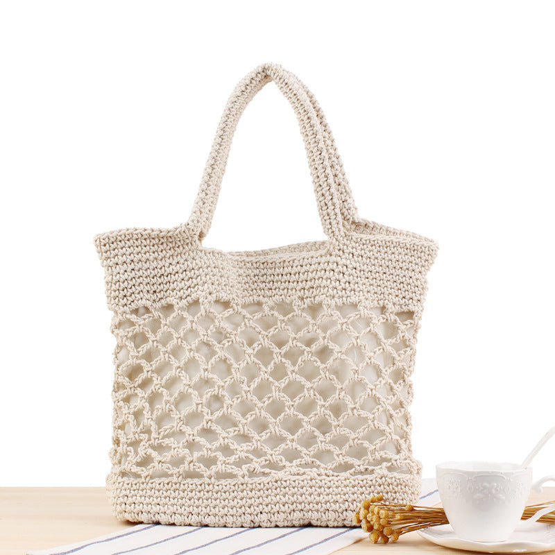 Solid Color Cotton Thread Hand Crocheting Woven Bag Trendy Women Mori Portable Vacation Beach Straw Bag