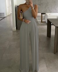 Same as Web Celebrities Concise Sexy One Shoulder Asymmetric Comfortable Jumpsuit - Wanita Store