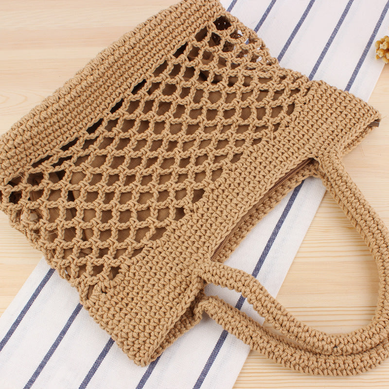 Solid Color Cotton Thread Hand Crocheting Woven Bag Trendy Women Mori Portable Vacation Beach Straw Bag