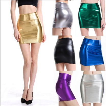 Sexy All-Match Performance Wear Faux Leather Hip Skirt Bronzing Solid Color Women Short Skirt One-Step Skirt - Wanita Store