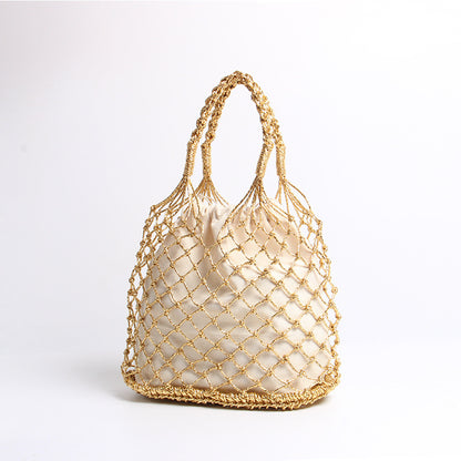 Gold Silver Color Hollow Out Cutout Portable Straw Weaved Bag Hand Carrying Woven Bag Vacation Beach Bag Women Bag - Wanita Store