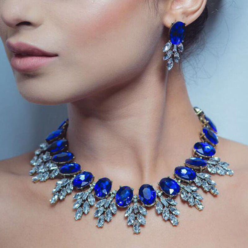 Accessories Handmade Exaggerated Colorful Crystal Necklace Earrings Suite - Wanita Store