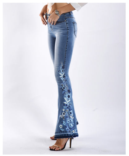 Women Denim Bell-Bottom Pants 3D Machine Embroidery Denim Women Autumn Denim Wide Leg Trousers Plus size - Wanita Store
