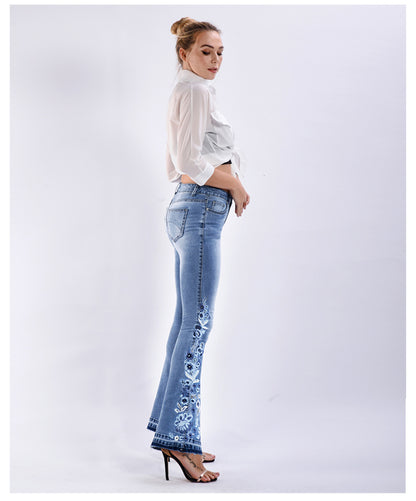 Women Denim Bell-Bottom Pants 3D Machine Embroidery Denim Women Autumn Denim Wide Leg Trousers Plus size - Wanita Store