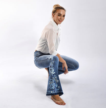 Women Denim Bell-Bottom Pants 3D Machine Embroidery Denim Women Autumn Denim Wide Leg Trousers Plus size - Wanita Store