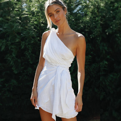 Women Clothing Solid Color Shoulder Belt Irregular Asymmetric Hem Dress - Wanita Store