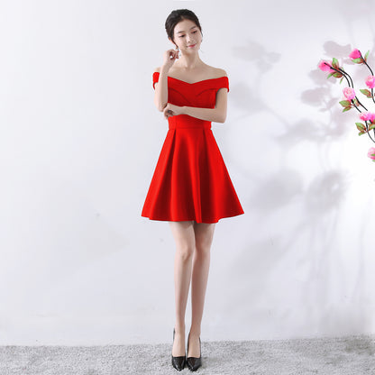 Toast Dress Bride Spring Wedding Summer Red Short off Shoulder Wedding Dress - Wanita Store