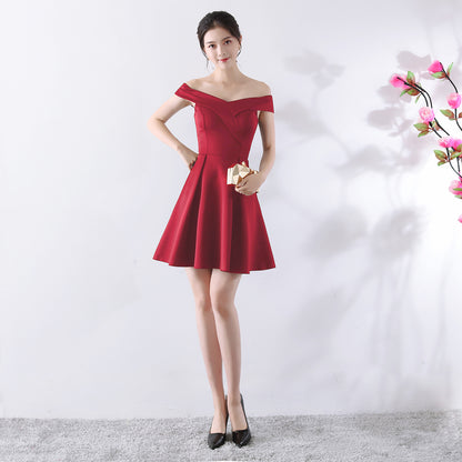 Toast Dress Bride Spring Wedding Summer Red Short off Shoulder Wedding Dress - Wanita Store