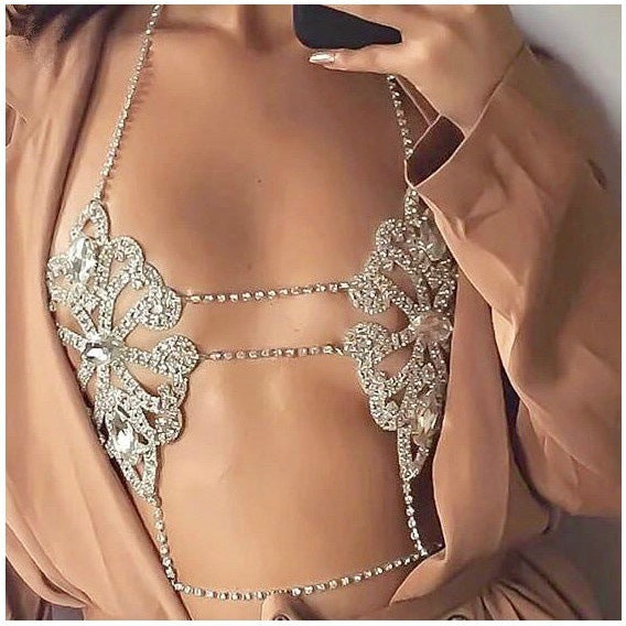Jewelry Bikini Crystal Rhinestone Sexy Chest Necklace Trendy Female Geometric Abstract Diamond Body Cha Accessories - Wanita Store