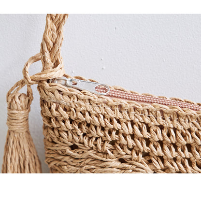 Crossbody Bag Women Handmade Straw Bag Shoulder Tassel Crochet Woven Bag Vacation Beach Bag - Wanita Store