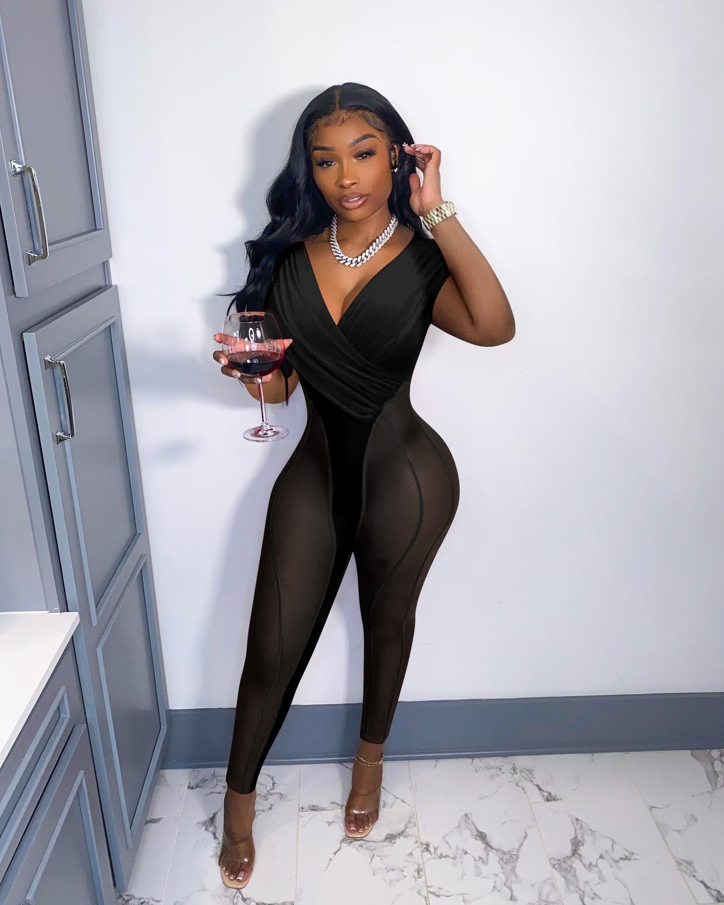 Women Clothing Spring Summer Arrival Supply Mesh Velvet Stitching Jumpsuit