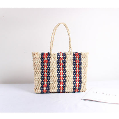 Straw Bag Women Striped One Shoulder Portable Large Capacity Woven Square Bag Travel Vacation Beach Bag - Wanita Store