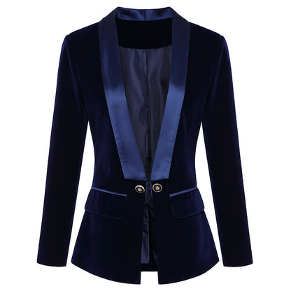 Autumn Winter Satin Green Fruit Collar Slim Velvet Blazer for Women - Wanita Store
