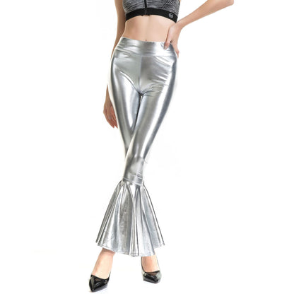 Metallic Coated Fabric Women Clothes High Waist Fashion Elastic Waist Gradient Color Bell Bottom Pants - Wanita Store