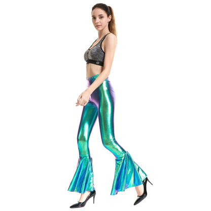 Metallic Coated Fabric Women Clothes High Waist Fashion Elastic Waist Gradient Color Bell Bottom Pants - Wanita Store