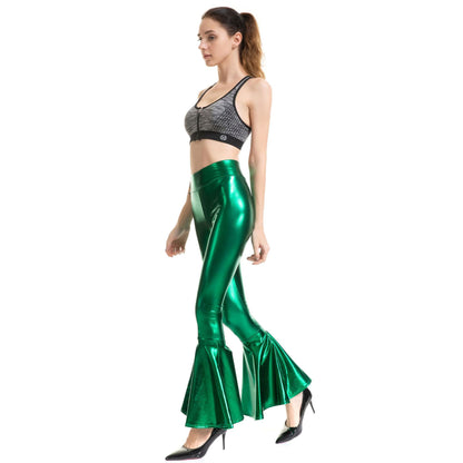 Metallic Coated Fabric Women Clothes High Waist Fashion Elastic Waist Gradient Color Bell Bottom Pants - Wanita Store