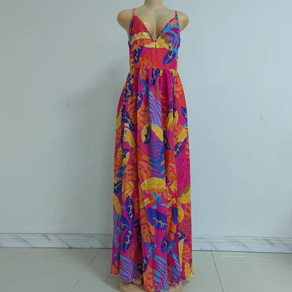 Sundress Spring New Leaf Four-Sided Stretch Dress Bohemian off-the-Shoulder Strap Tube Top Mop Dress Boho Vacation Maxi Dresses - Wanita Store