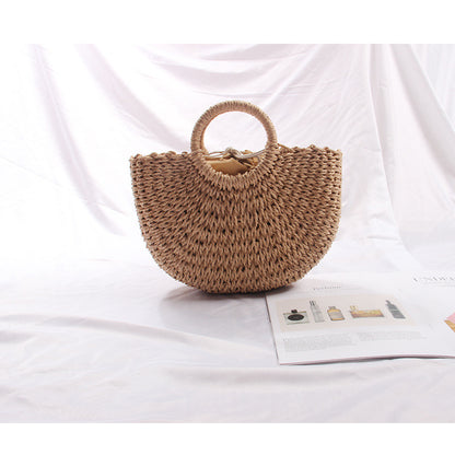 Semicircle Straw Bag Vacation Beach Bag Summer South Korea Simple Handheld Woven Bag Rattan Women Bag - Wanita Store