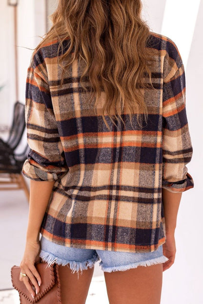 Autumn Long Sleeve Large Pocket Loose Women Plaid Shacket Mid Length Coat - Wanita Store