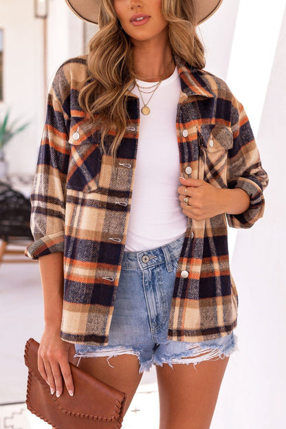 Autumn Long Sleeve Large Pocket Loose Women Plaid Shacket Mid Length Coat - Wanita Store