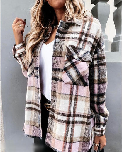 Autumn Long Sleeve Large Pocket Loose Women Plaid Shacket Mid Length Coat - Wanita Store