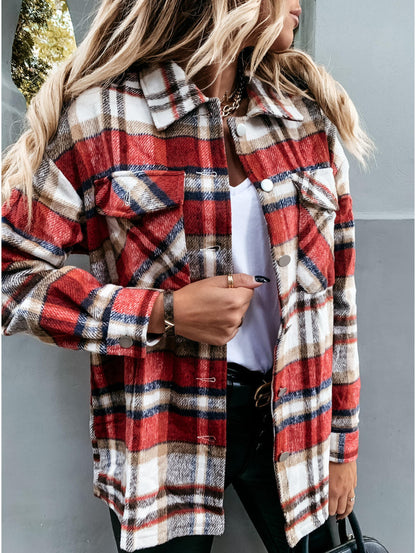 Autumn Long Sleeve Large Pocket Loose Women Plaid Shacket Mid Length Coat - Wanita Store