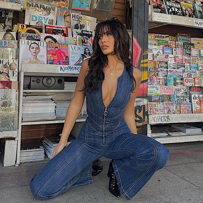 Women Clothing Summer Slim Fit Slimming Fashionable Backless Retro High Waist Denim Jumpsuit - Wanita Store