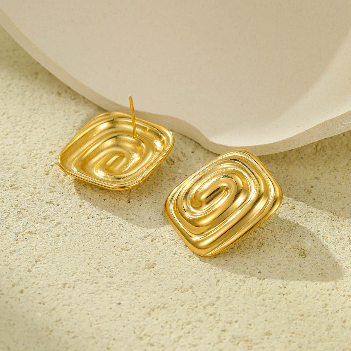 Gold Stainless Steel Rectangular Spiral Texture Titanium Steel Earrings Non Fading Stainless Steel Studs Women - Wanita Store