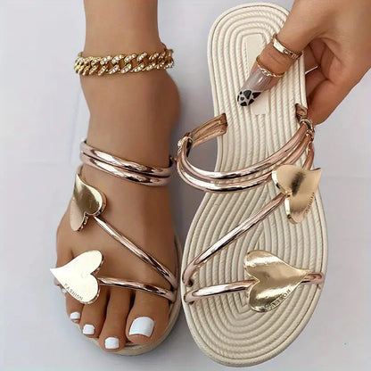 Women Sandals Open Toe Non Slip Sandals Outer Wear Mini Heart Shaped Flat Sandals Slides - Wanita Store