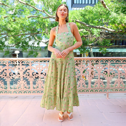 Dulce vestido halter sin mangas estampado para mujer, sexy vestido de línea A con espalda descubierta