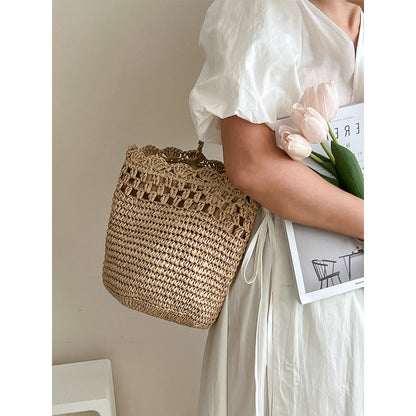Raffia Shoulder Straw Bag Hollow Out Cutout Lace Straw Bag Woven Bag Vacation Beach Bag Women Bag - Wanita Store
