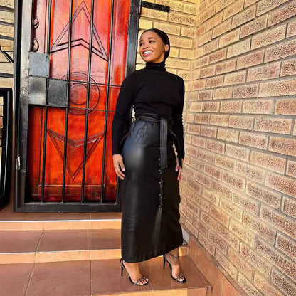 Women Clothing Autumn Winter Mid-Length Black Faux Leather Bag Buckle Slit Leather Skirt Containing Belt - Wanita Store