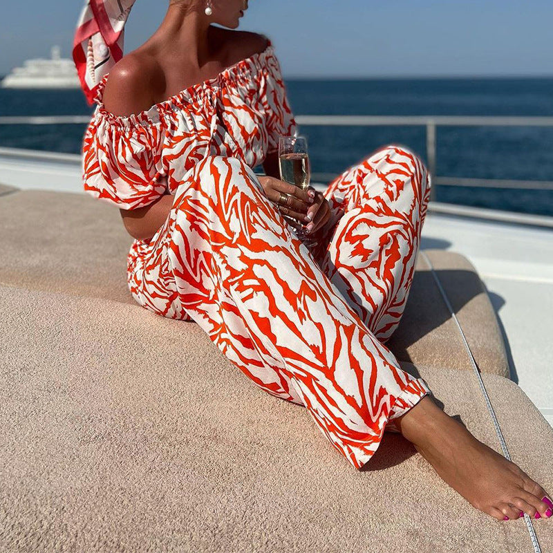 Spring Summer Women Wear off Shoulder Short Sleeved Top Bottom Printing Two Piece Set