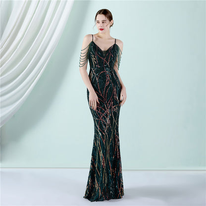 Sling Sequin Toast Dress Bride Long Appreciation Dinner Slim-Fit Fishtail Wedding Car Model Exhibition Dress - Wanita Store