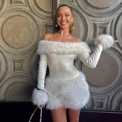 Autumn Winter Elegant Women Party Furry Stitching off Shoulder Dress Sexy Slim Long Sleeve Hip Dress - Wanita Store