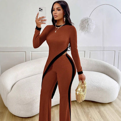 Fall Women Clothing Long Sleeve Contrast Color Split T shirt Stitching Trousers Two Piece Sets Women - Wanita Store