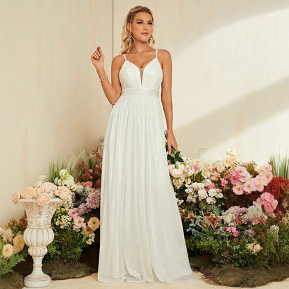 White Suspender Ball Dress Beach Church Wedding Dress Simple Elegant Dress Slim Slimming Women - Wanita Store