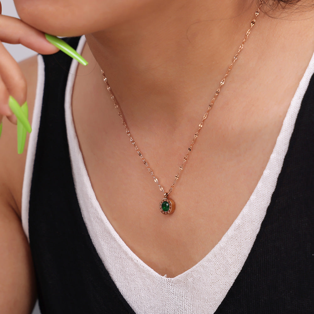 Rose Gold Roman Emerald round Glass Stone Embellished Necklace Women Retro Affordable Luxury Feeling Titanium Steel Clavicle Chain - Wanita Store