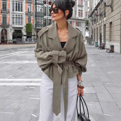 High End French Large Collared Lace up Windbreaker Women Autumn Coat - Wanita Store