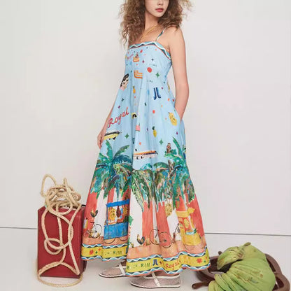 Spring Summer Suspender Printed Pocket Dress Casual Loose Vacation Dress - Wanita Store