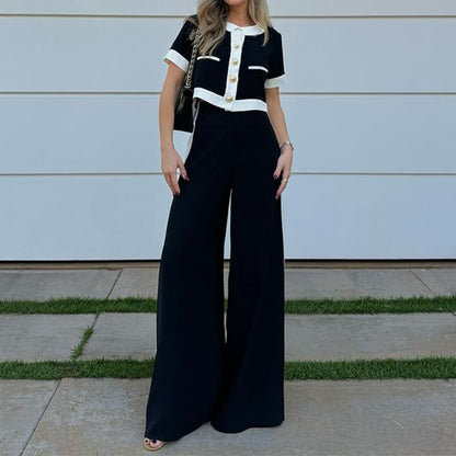 Autumn Winter Women Clothing Office T Shirt Shory Top Straight Leg Pants Suit Two Piece Set - Wanita Store