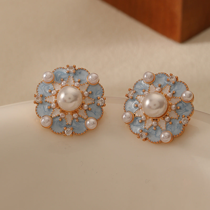 French Blue Color Oil Glaze Floral Stud Earrings Light Luxury High Grade Retro Minority Mid Ancient Pearl Earrings for Women - Wanita Store