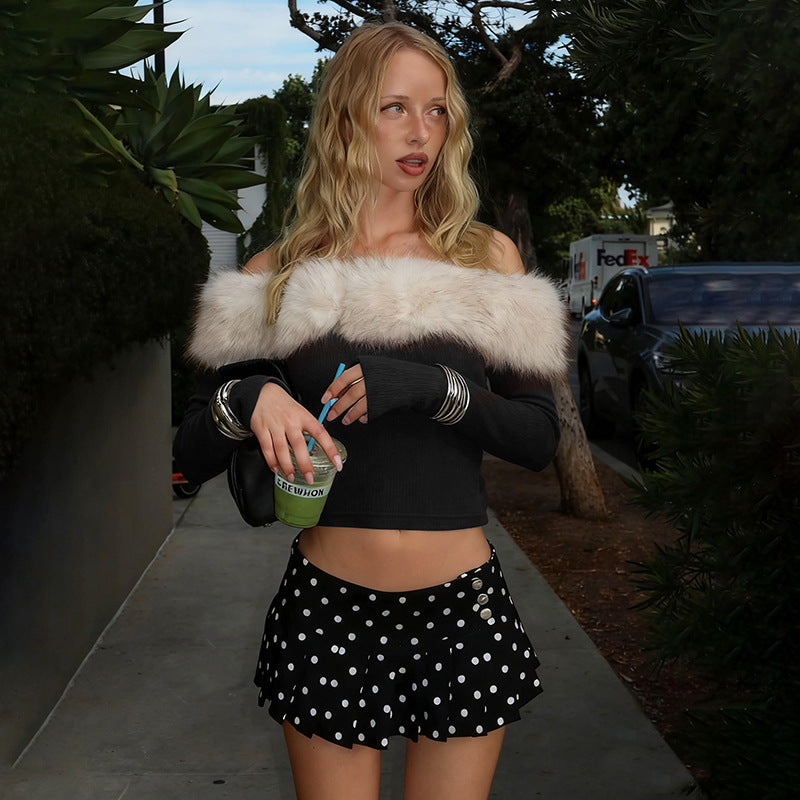 Autumn Winter Slim Fit Cropped off Neck Fur Stitching Color Contrast Long Sleeve T shirt Top