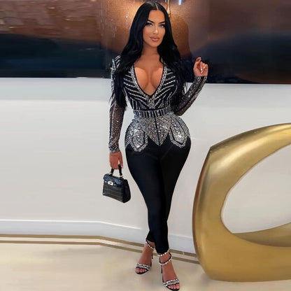 Sexy Slim Hip Rhinestone V Neck Stretch Tight Jumpsuit - Wanita Store