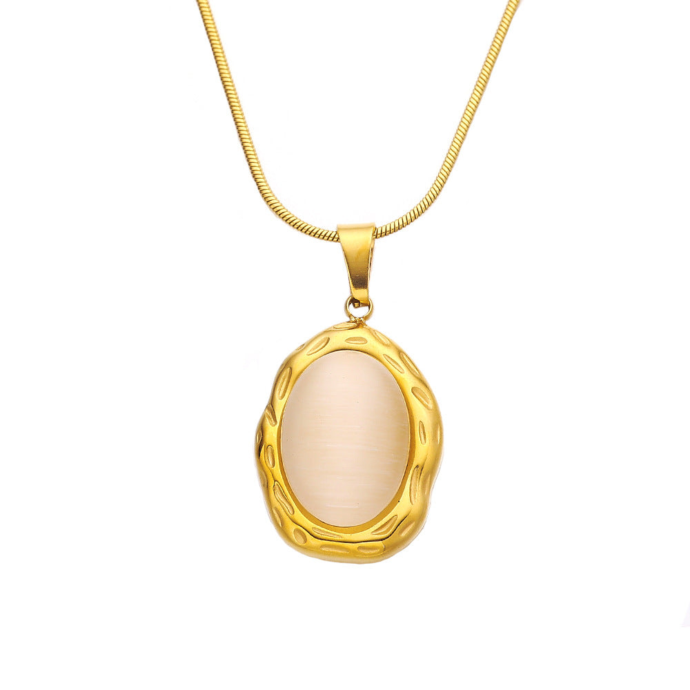 Sweater Chain High Grade Clavicle Chain Retro Cymophanite Oval Embellished Titanium Steel Necklace Accessories - Wanita Store