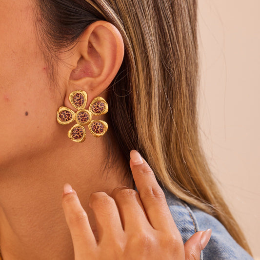 Trendy Leopard Print Design Floral Stainless Steel Studs Affordable Luxury Ear Rings - Wanita Store