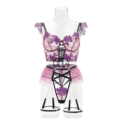 Ensemble de lingerie sexy brodé, soutien-gorge fin, culotte en maille fleurie et porte-jarretelles pour femme