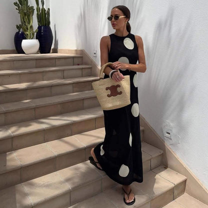 Autumn Winter Polka Dot Casual Slimming Knitted Maxi Dress Bohemian Beach See through Dress Women - Wanita Store